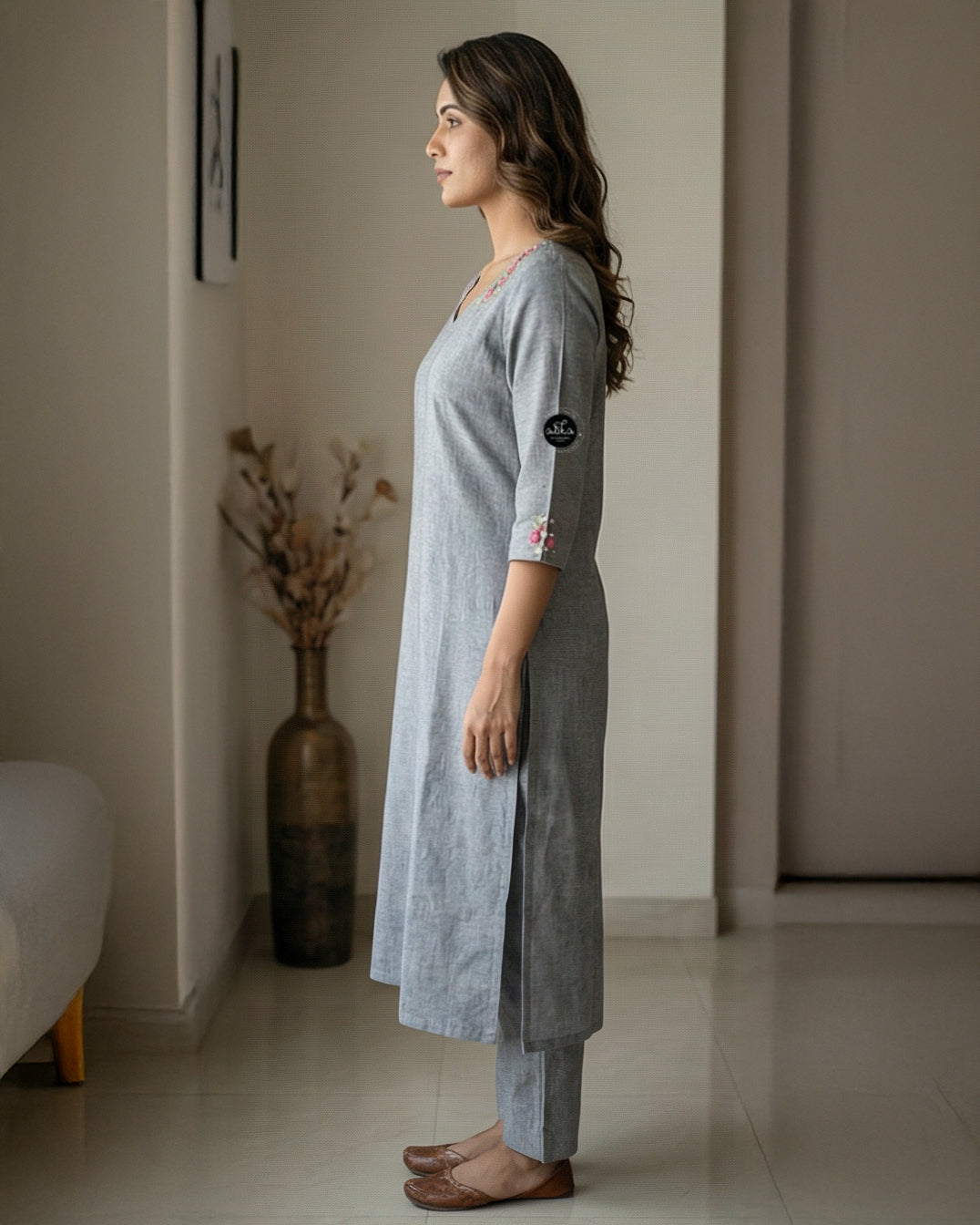 Gray Semi-Linen Stitched Kurti with Floral Hand Embroidery on Neckline & Top of the Sleeves