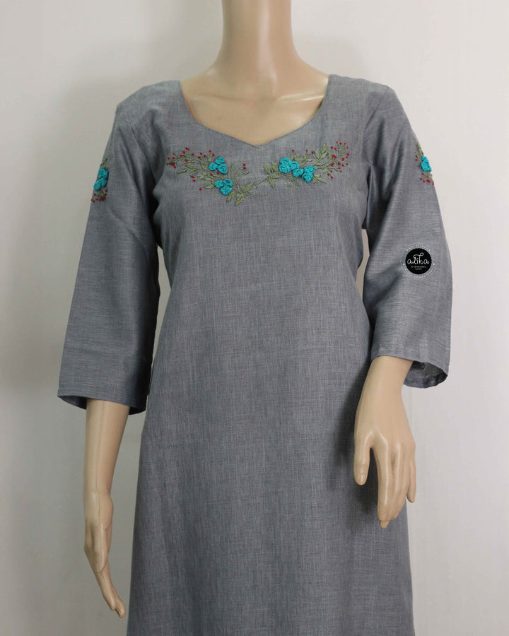 Gray Semi-Linen Stitched Kurti with Floral Hand Embroidery on Neckline &amp; Sleeves