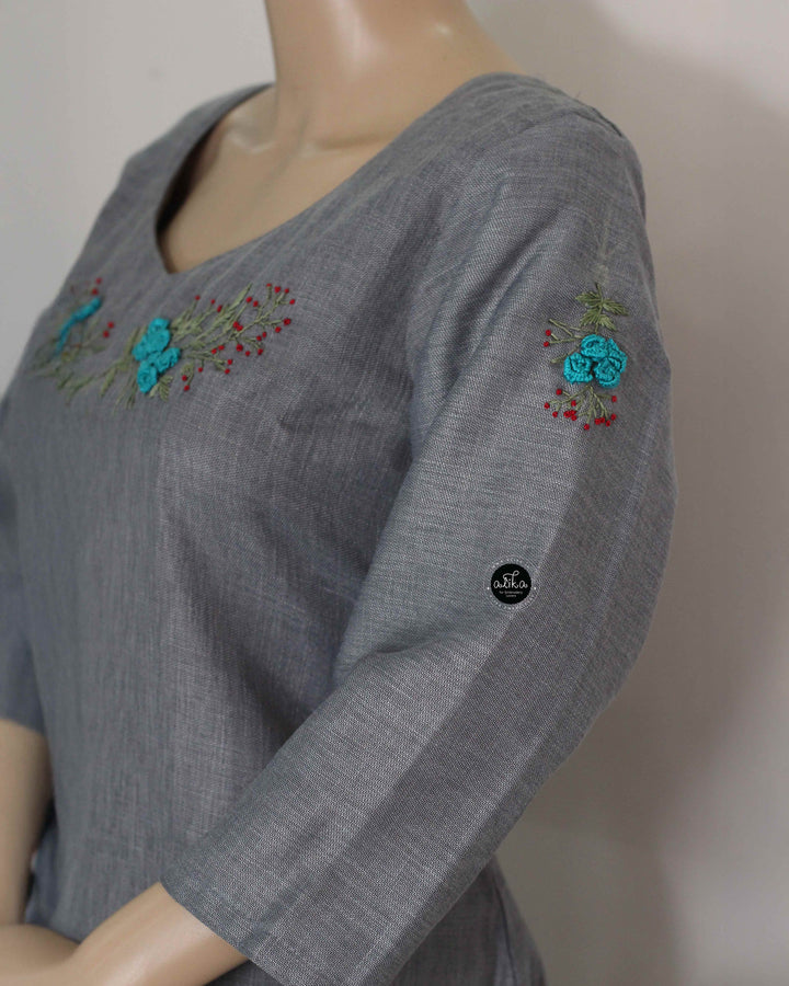 Gray Semi-Linen Stitched Kurti with Floral Hand Embroidery on Neckline &amp; Sleeves