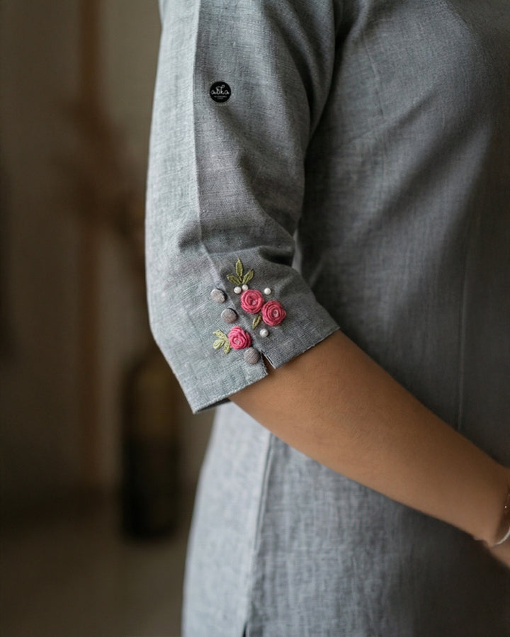 Gray Semi-Linen Stitched Kurti with Floral Hand Embroidery on Neckline &amp; Top