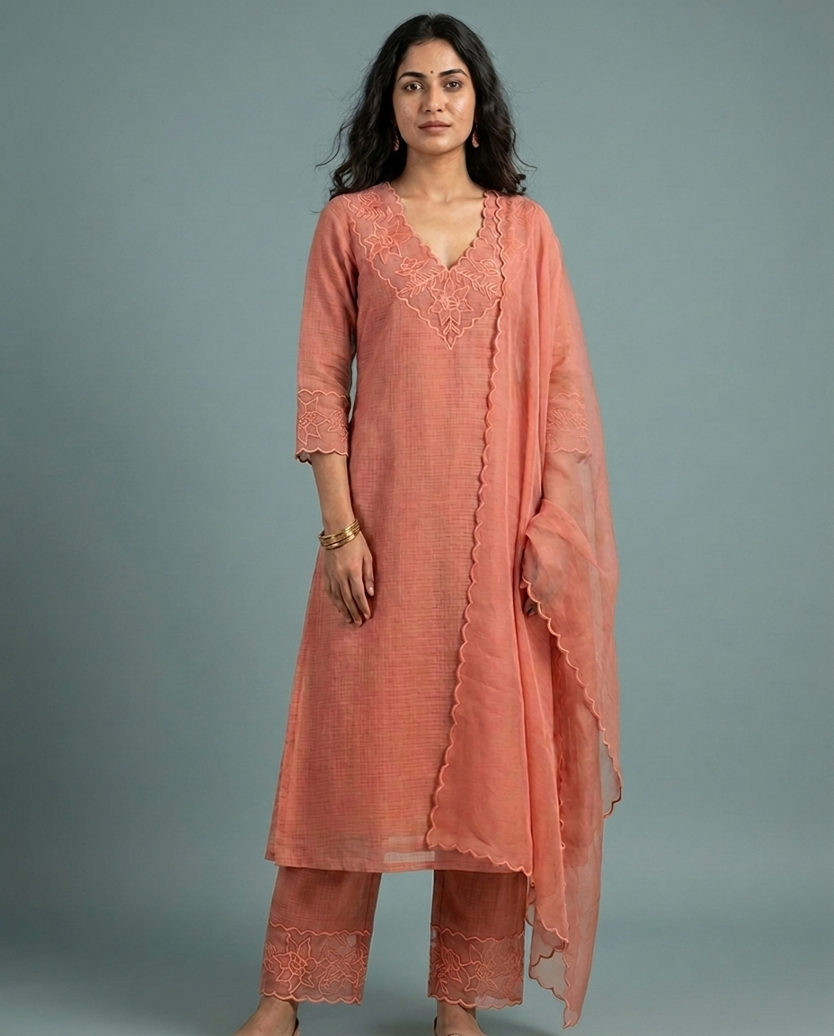 Peach Orange Silky Kota Unstitched Salwar Suit Set with Appliqué Work on Neck &amp; Sleeves