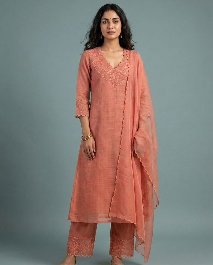 Peach Orange Silky Kota Unstitched Salwar Suit Set with Appliqué Work on Neck &amp; Sleeves