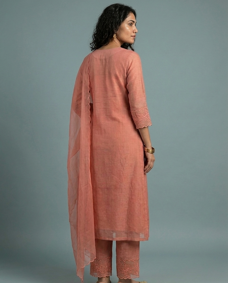 Peach Orange Silky Kota Unstitched Salwar Suit Set with Appliqué Work on Neck &amp; Sleeves