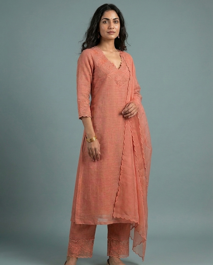 Peach Orange Silky Kota Unstitched Salwar Suit Set with Appliqué Work on Neck &amp; Sleeves