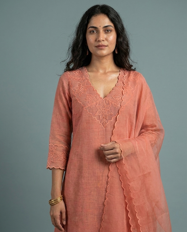 Peach Orange Silky Kota Unstitched Salwar Suit Set with Appliqué Work on Neck &amp; Sleeves