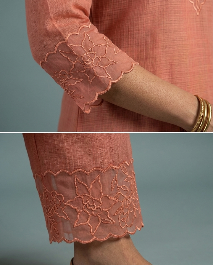 Peach Orange Silky Kota Unstitched Salwar Suit Set with Appliqué Work on Neck &amp; Sleeves