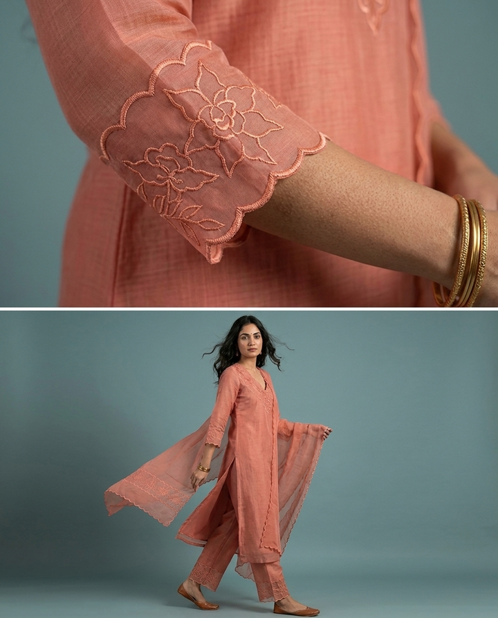 Peach Orange Silky Kota Unstitched Salwar Suit Set with Appliqué Work on Neck &amp; Sleeves
