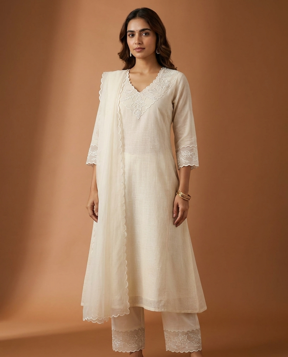 Ivory Silky Kota Unstitched Salwar Suit Set with Appliqué Work on Neck &amp; Sleeves