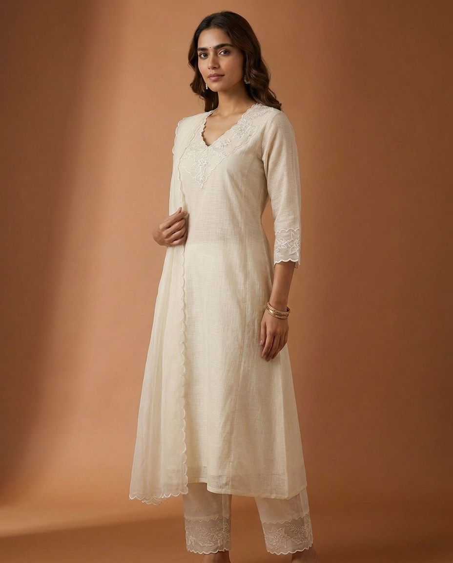 Ivory Silky Kota Unstitched Salwar Suit Set with Appliqué Work on Neck &amp; Sleeves