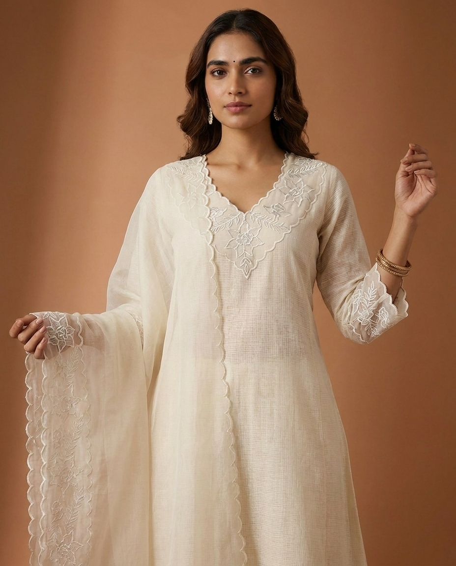 Ivory Silky Kota Unstitched Salwar Suit Set with Appliqué Work on Neck &amp; Sleeves