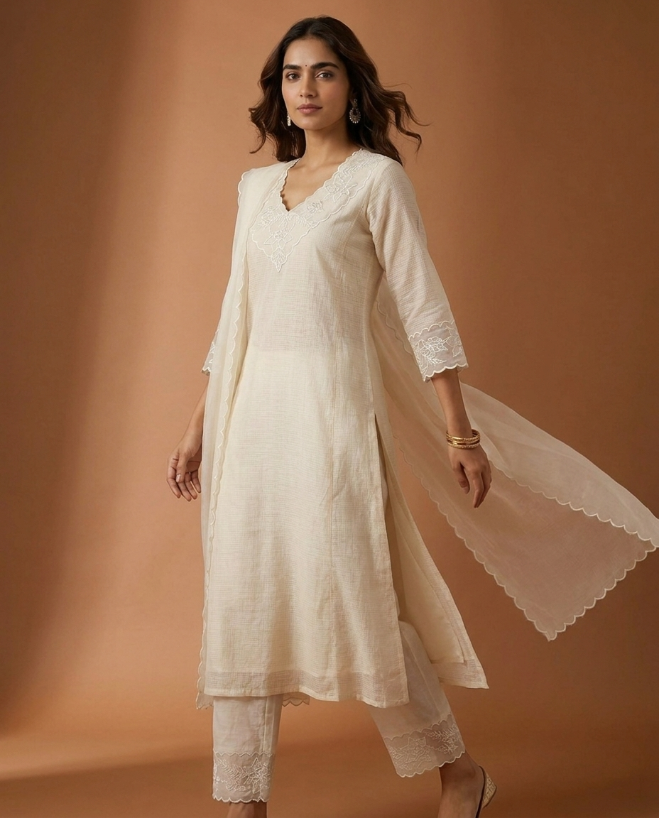 Ivory Silky Kota Unstitched Salwar Suit Set with Appliqué Work on Neck &amp; Sleeves