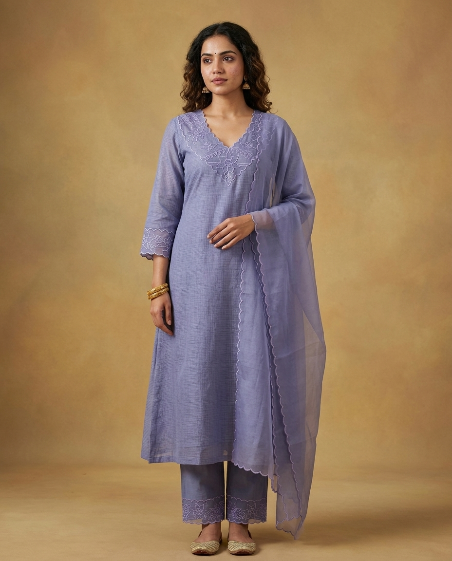 Gray Blue Silky Kota Unstitched Salwar Suit Set with Appliqué Work on Neck &amp; Sleeves