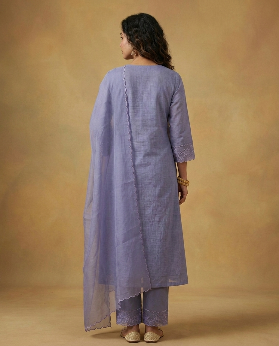 Gray Blue Silky Kota Unstitched Salwar Suit Set with Appliqué Work on Neck &amp; Sleeves