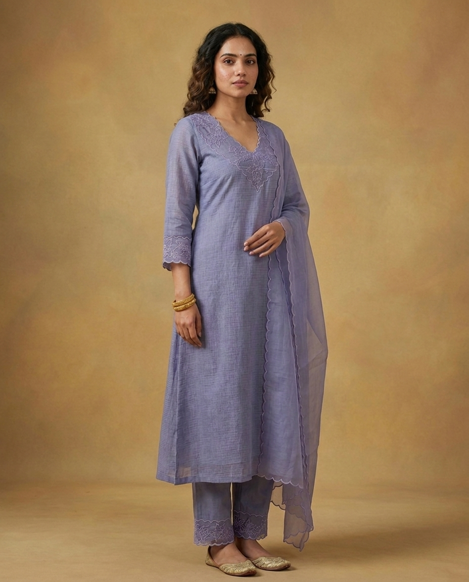 Gray Blue Silky Kota Unstitched Salwar Suit Set with Appliqué Work on Neck &amp; Sleeves