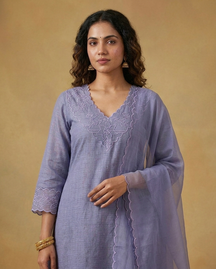 Gray Blue Silky Kota Unstitched Salwar Suit Set with Appliqué Work on Neck &amp; Sleeves