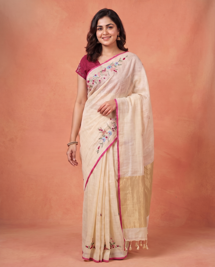 Cream Pure Linen Onam Saree with Golden Zari Pallu &amp; Multicolour Floral Hand Embroidery