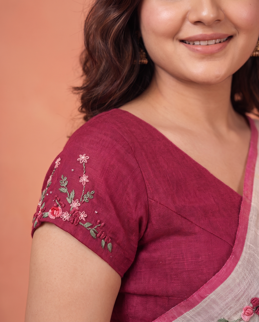 Cream Pure Linen Onam Saree with Golden Zari Pallu &amp; Multicolour Floral Hand Embroidery