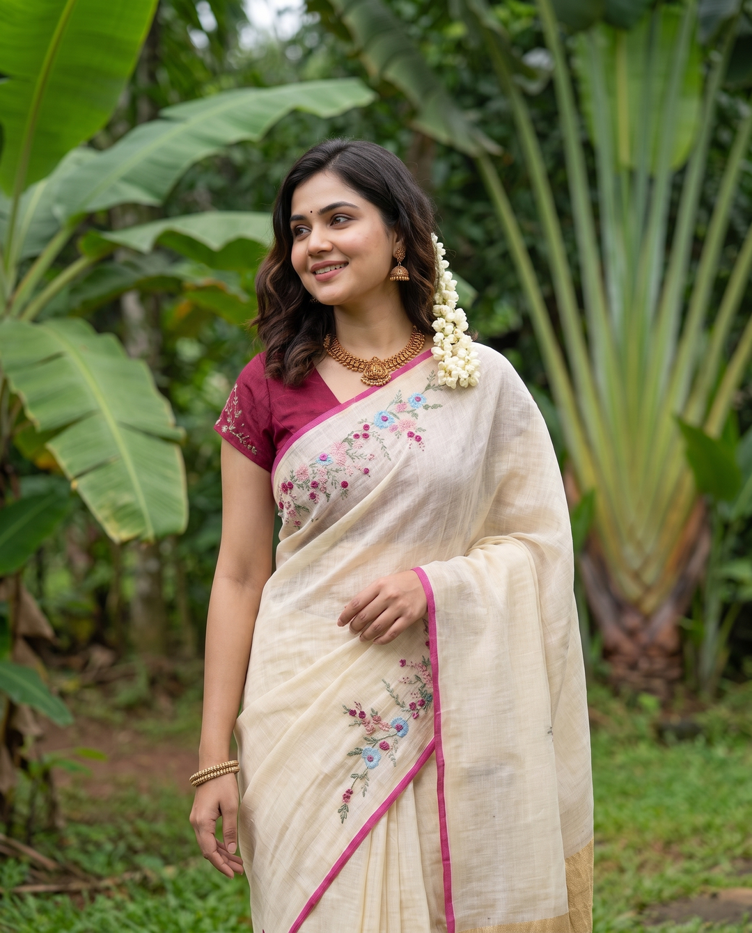Cream Pure Linen Onam Saree with Golden Zari Pallu &amp; Multicolour Floral Hand Embroidery