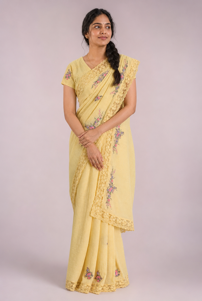Haldi Yellow Pure Cotton Saree with Floral Hand Embroidery &amp;Lace Border