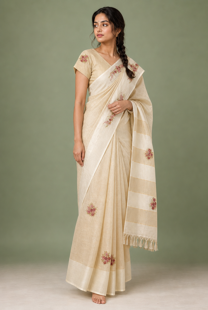 Cream Pure Tussar Silk Saree with Gold Checks &amp; Floral Hand Embroidery