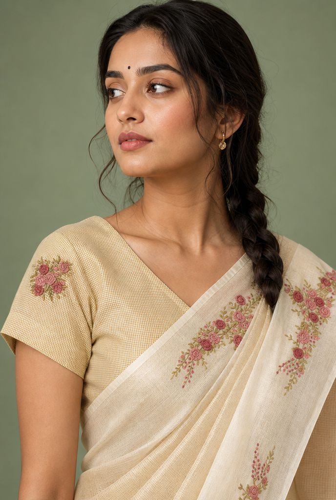 Cream Pure Tussar Silk Saree with Gold Checks &amp; Floral Hand Embroidery
