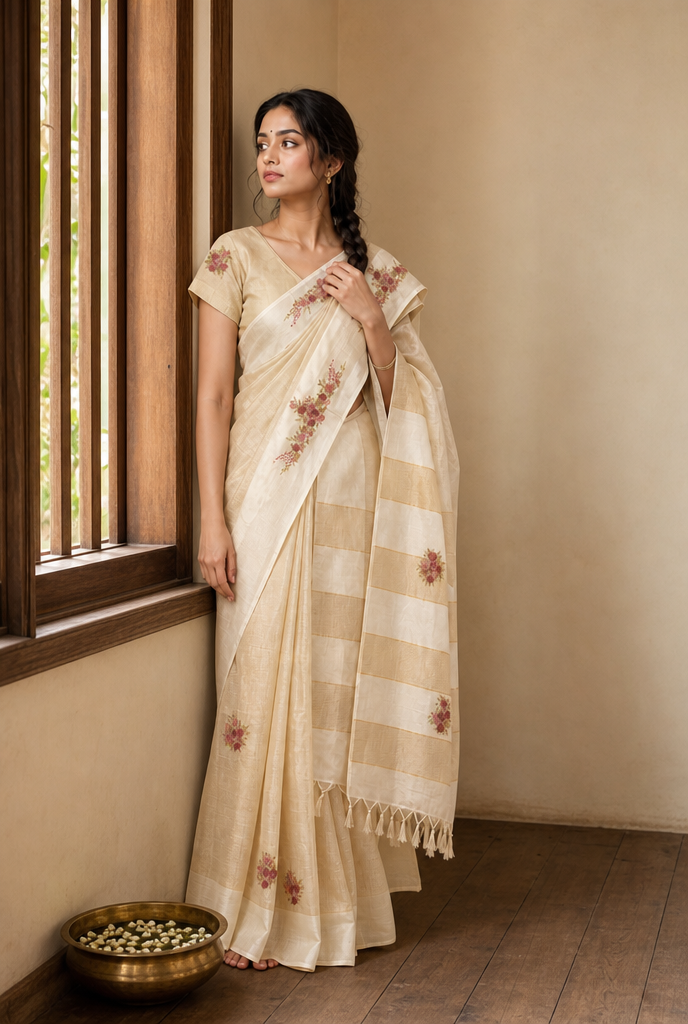 Cream Pure Tussar Silk Saree with Gold Checks &amp; Floral Hand Embroidery
