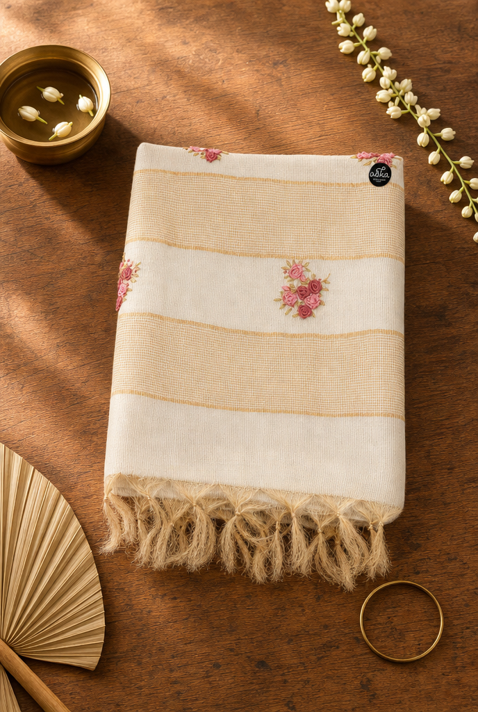Cream Pure Tussar Silk Saree with Gold Checks &amp; Floral Hand Embroidery