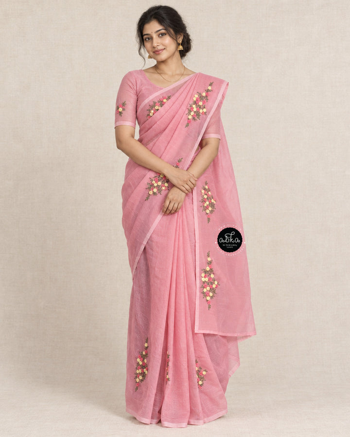 Pink Kota Saree with Floral Hand Embroidery