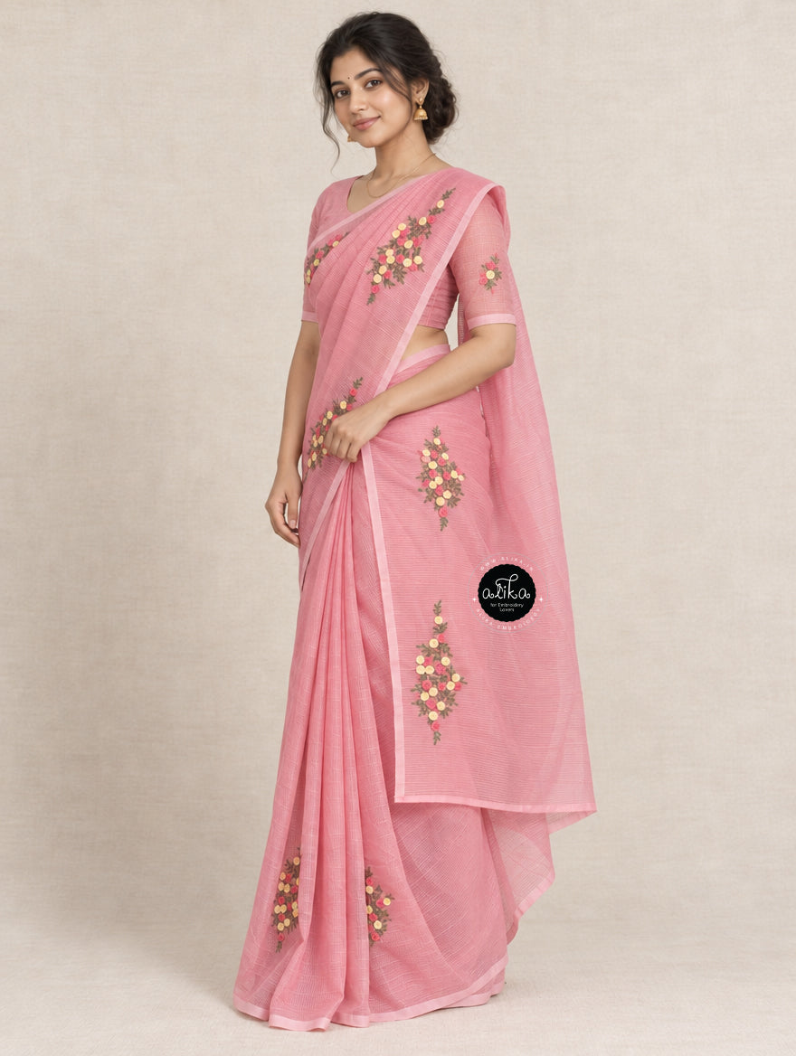 Pink Kota Saree with Floral Hand Embroidery