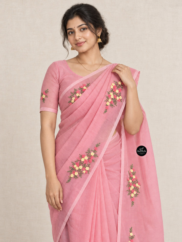 Pink Kota Saree with Floral Hand Embroidery