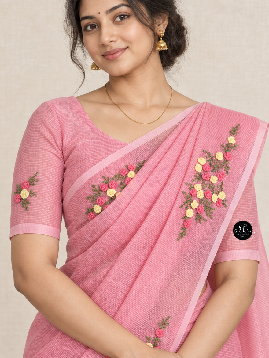 Pink Kota Saree with Floral Hand Embroidery