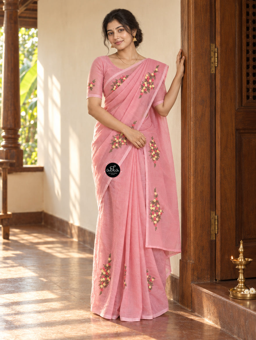 Pink Kota Saree with Floral Hand Embroidery