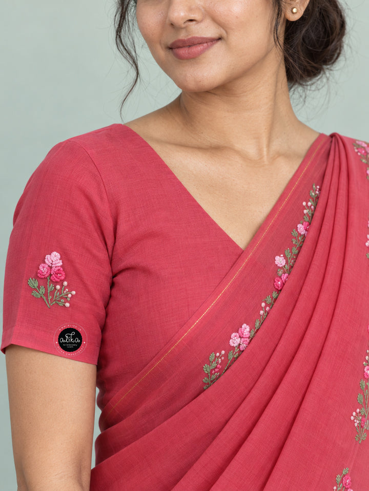Rani Pink Organza Saree with Floral Hand Embroidery