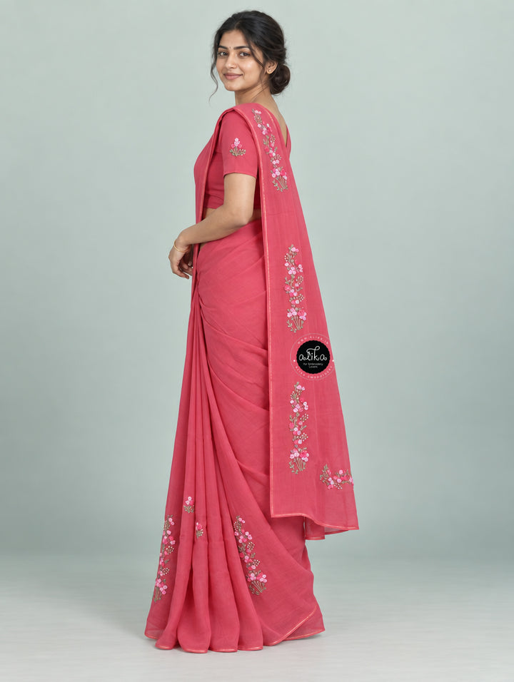 Rani Pink Organza Saree with Floral Hand Embroidery
