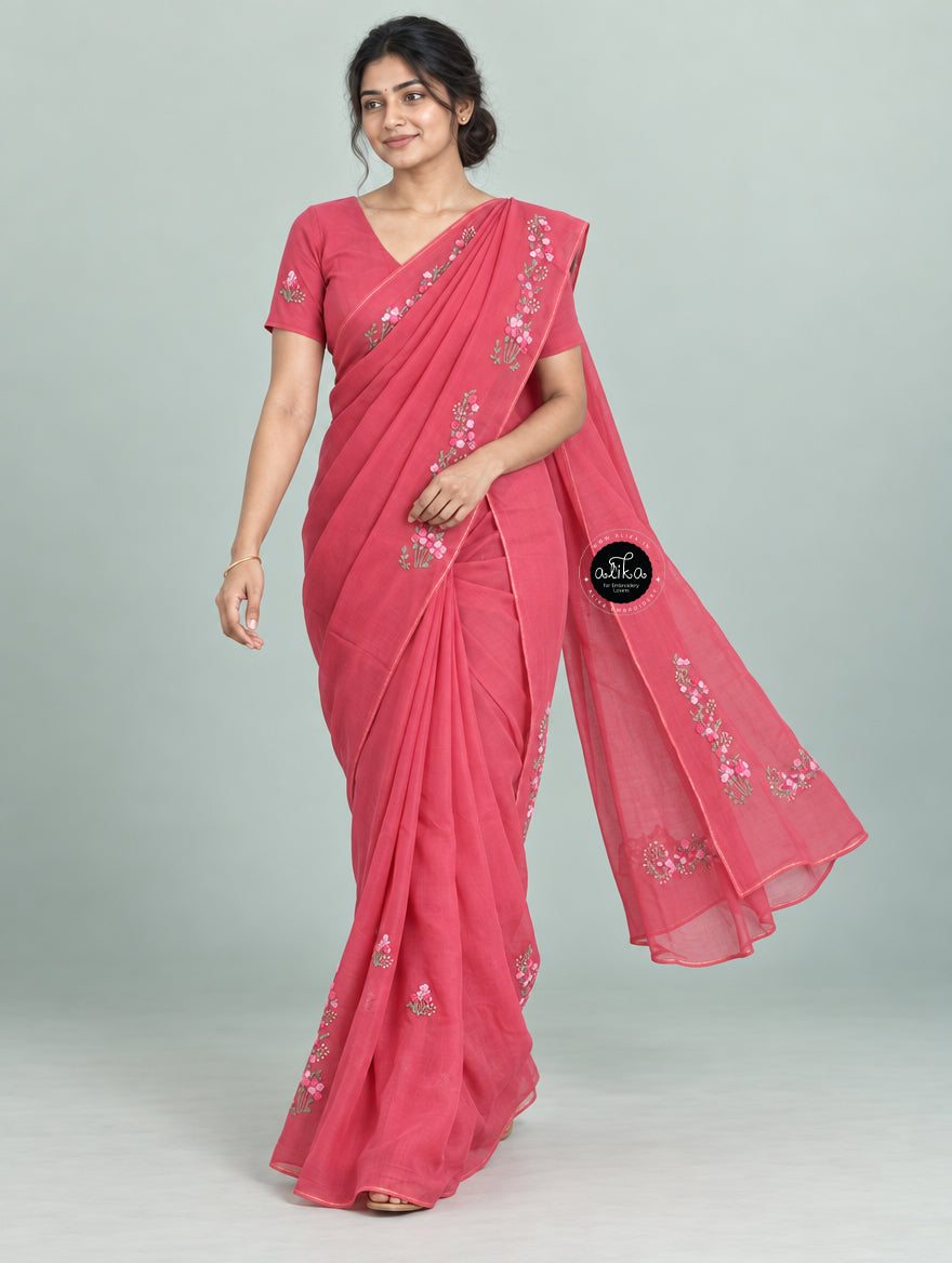 Rani Pink Organza Saree with Floral Hand Embroidery