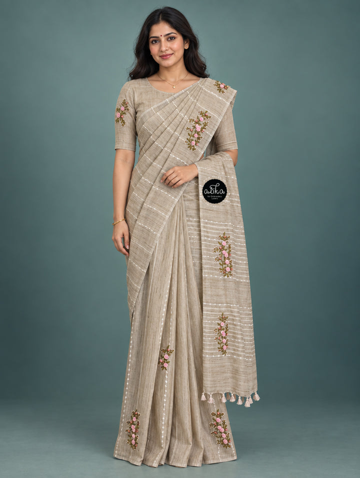Champagne Beige Bamboo Silk Saree with Floral Hand Embroidery