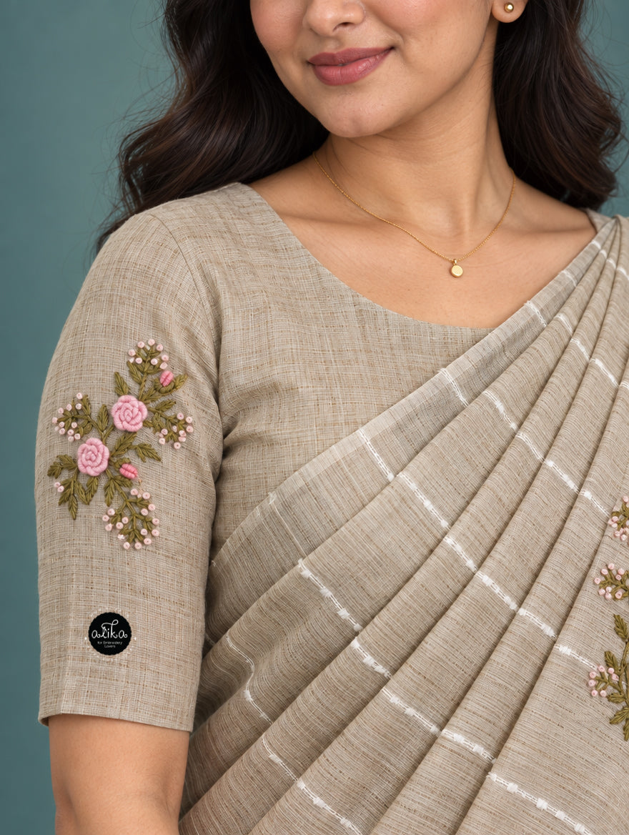 Champagne Beige Bamboo Silk Saree with Floral Hand Embroidery