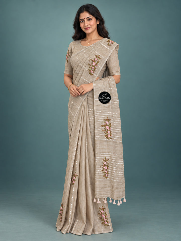 Champagne Beige Bamboo Silk Saree with Floral Hand Embroidery