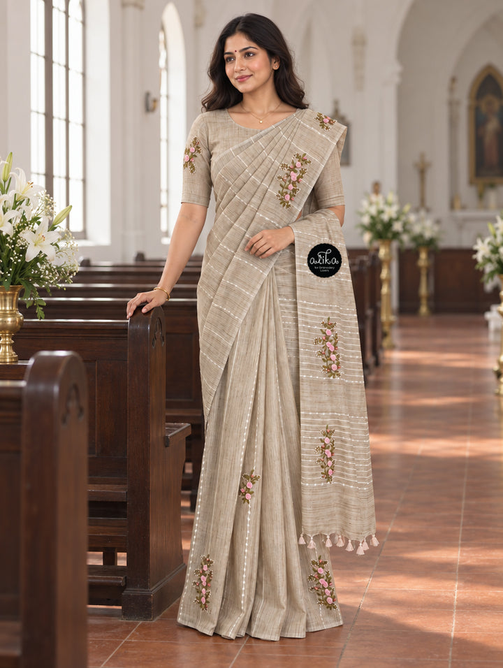 Champagne Beige Bamboo Silk Saree with Floral Hand Embroidery