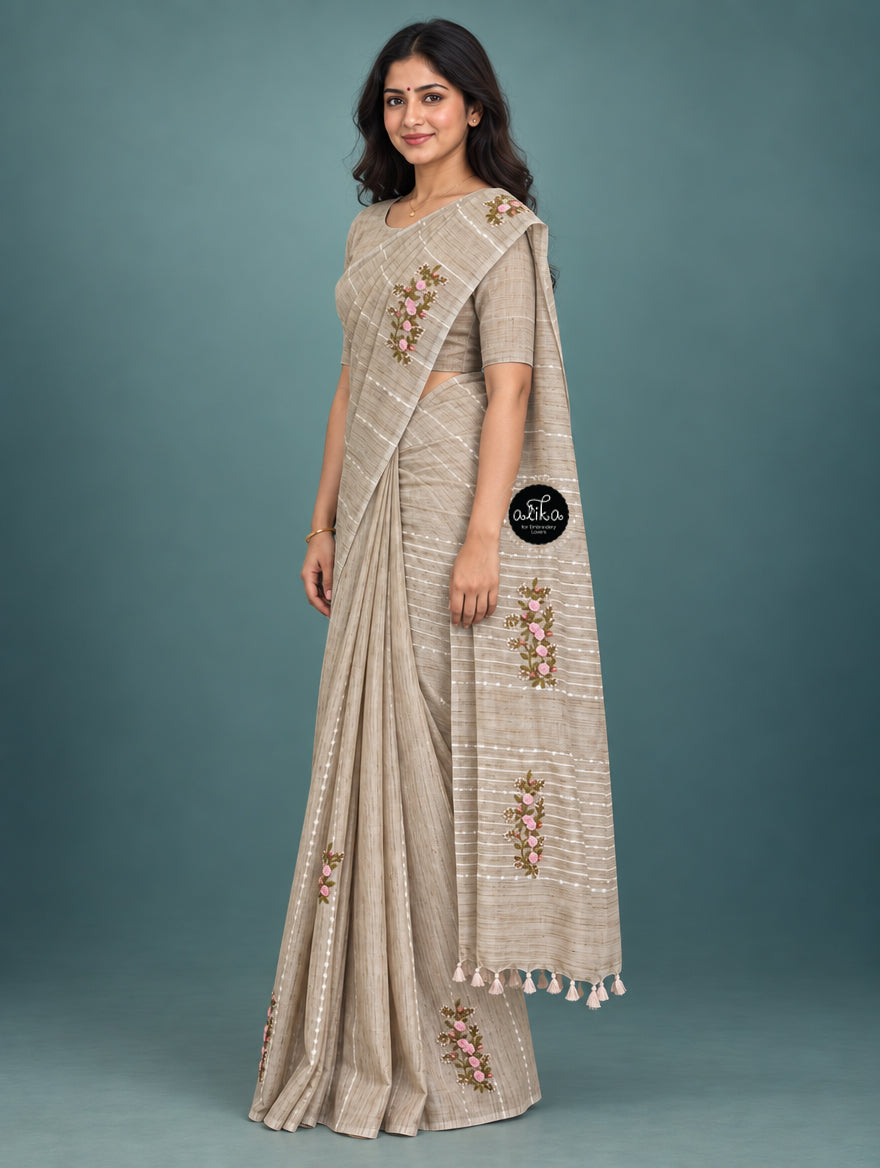 Champagne Beige Bamboo Silk Saree with Floral Hand Embroidery