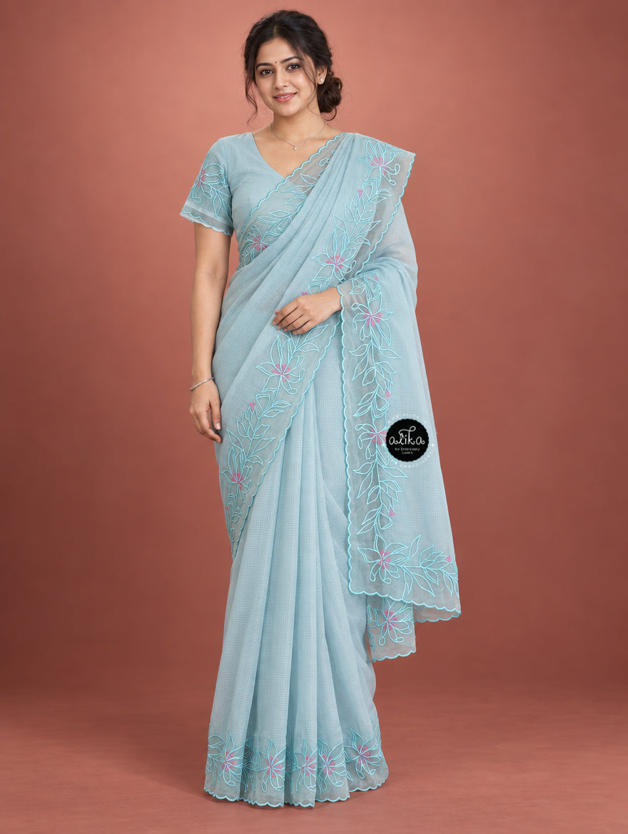 Pastel Blue Cotton Kota Saree with Floral Appliqué Border