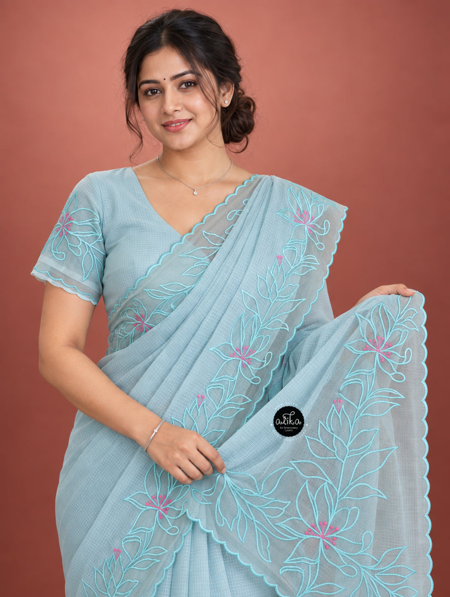 Pastel Blue Cotton Kota Saree with Floral Appliqué Border