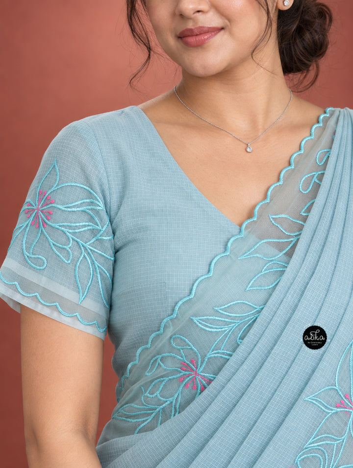 Pastel Blue Cotton Kota Saree with Floral Appliqué Border
