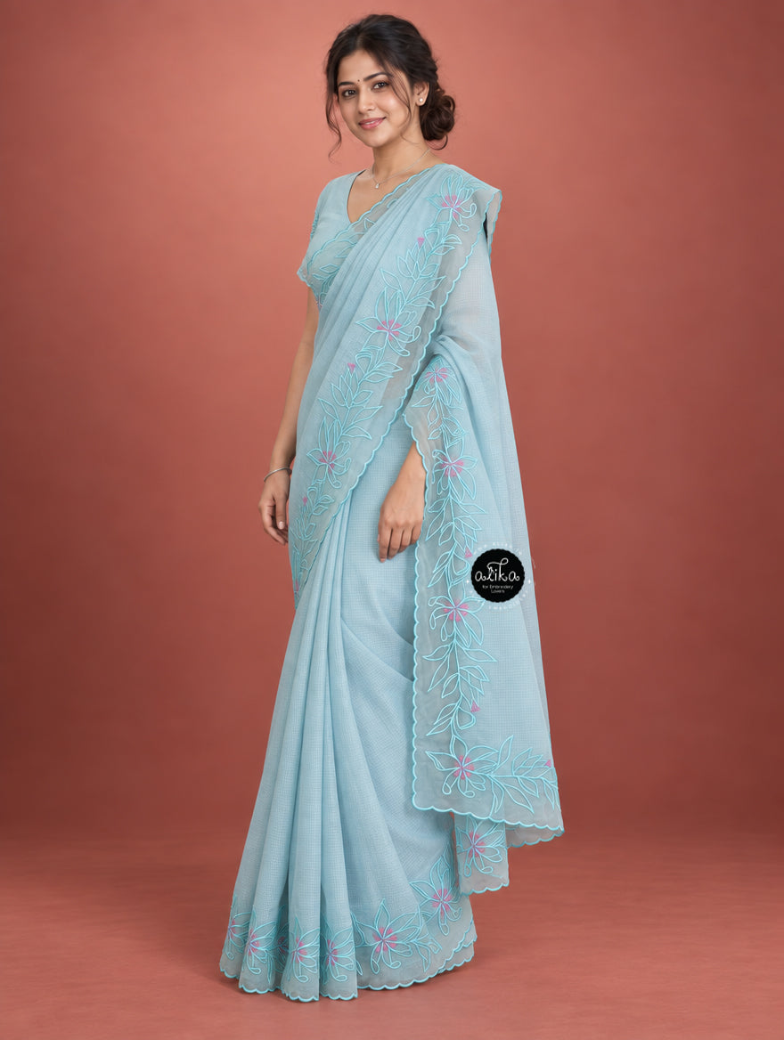 Pastel Blue Cotton Kota Saree with Floral Appliqué Border