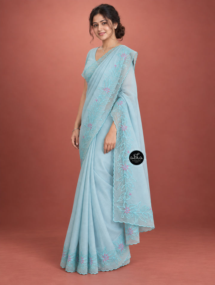 Pastel Blue Cotton Kota Saree with Floral Appliqué Border