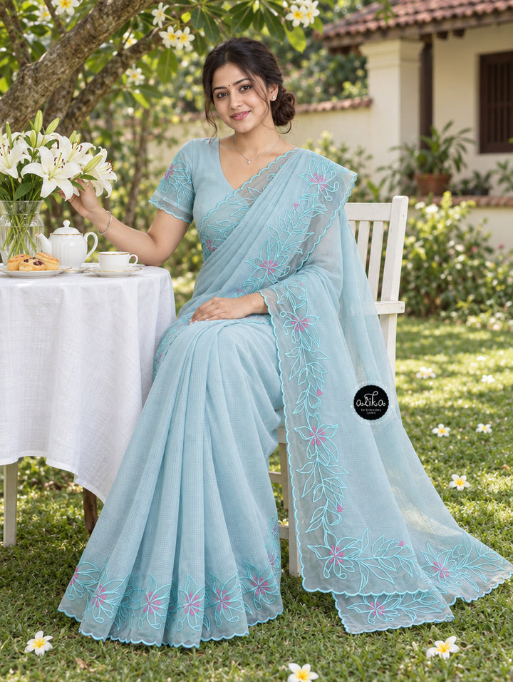 Pastel Blue Cotton Kota Saree with Floral Appliqué Border