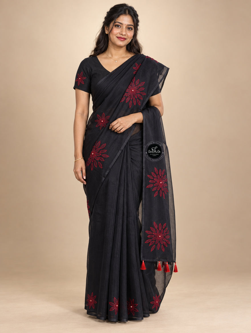 Black Kota Saree with Red Floral Shadow Work &amp; Bead Embellishments
