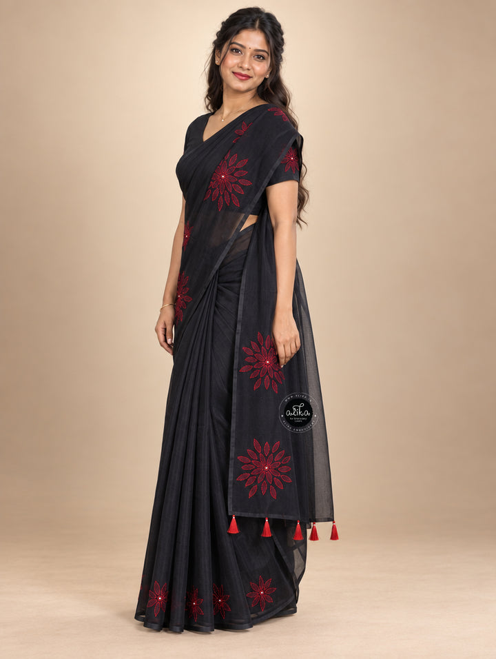 Black Kota Saree with Red Floral Shadow Work &amp; Bead Embellishments