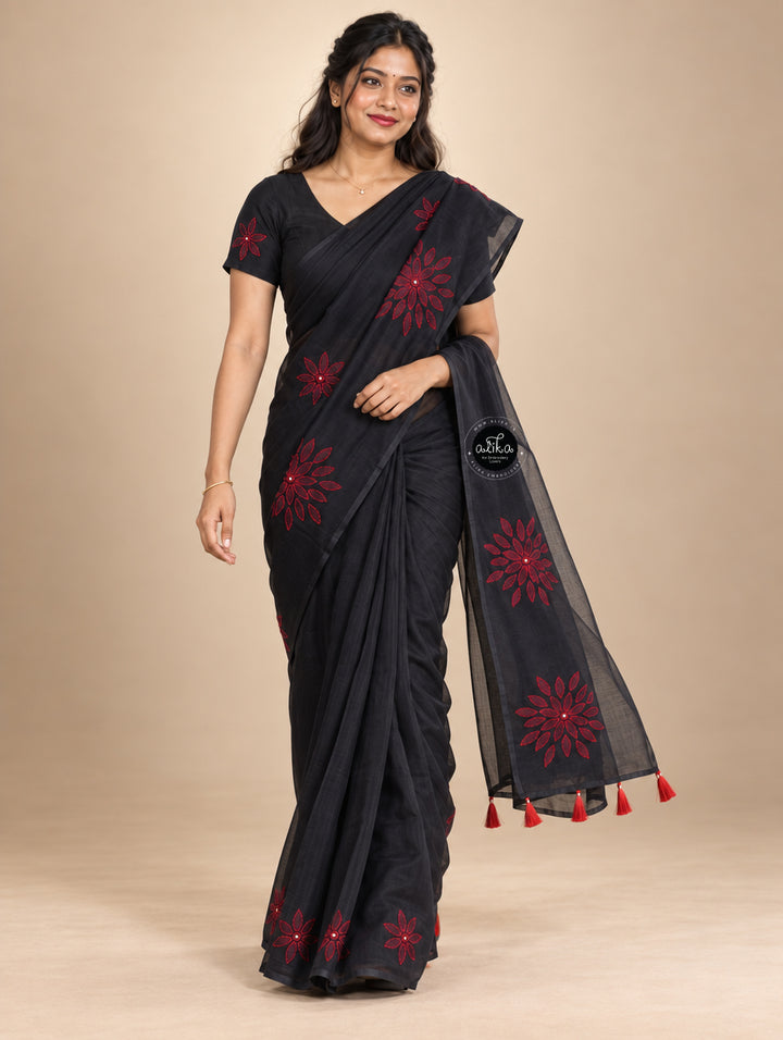 Black Kota Saree with Red Floral Shadow Work &amp; Bead Embellishments