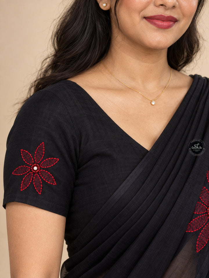 Black Kota Saree with Red Floral Shadow Work &amp; Bead Embellishments